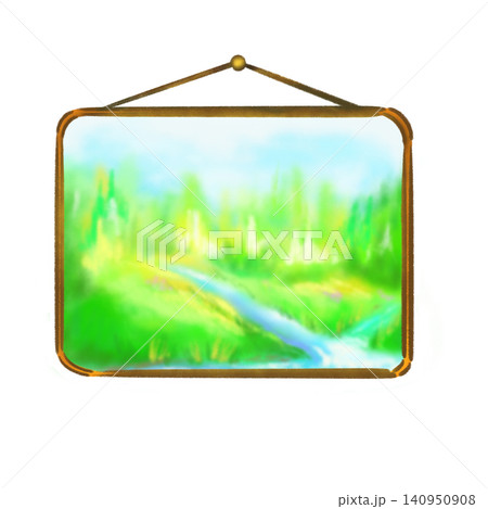 Soft grassland and river landscape artistic painting in photo frame illustration 140950908