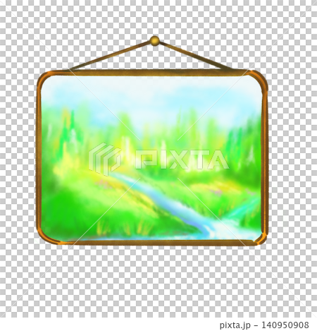 Soft grassland and river landscape artistic painting in photo frame illustration 140950908