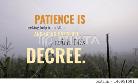 Patience is seeking help from Allah, being satisfied with His decree. This spiritual quote, set over a misty, foggy cornfield, suggests submission, resilience, inner peace, devotion, acceptance. 140951091