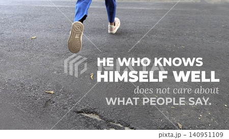 A self-confidence quote emphasizes that knowing oneself means ignoring others' opinions. Text is placed over a dark asphalt background, featuring a person running, showing movement, individualism. 140951109