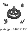 ハロウィンのジャックオランタンとおばけとこうもりの白黒イラストセット 140951153