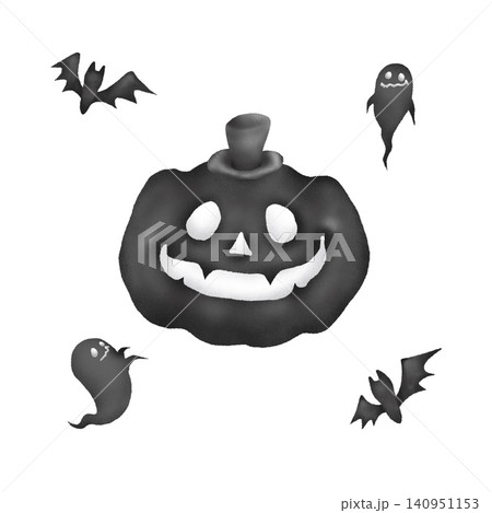 ハロウィンのジャックオランタンとおばけとこうもりの白黒イラストセット ハロウィンのジャックオランタンとおばけとこうもりの白黒イラストセット 140951153