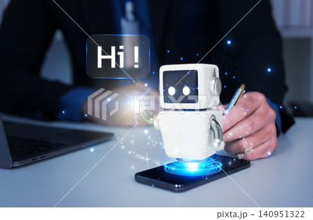 AI chatbot virtual assistant hologram projecting from smartphone on desk for customer service 140951322