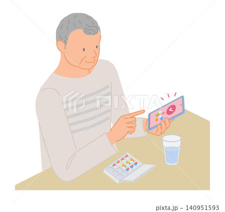 薬を飲んだ後にスマホの服薬管理アプリを確認するシニア男性 薬を飲んだ後にスマホの服薬管理アプリを確認するシニア男性 140951593