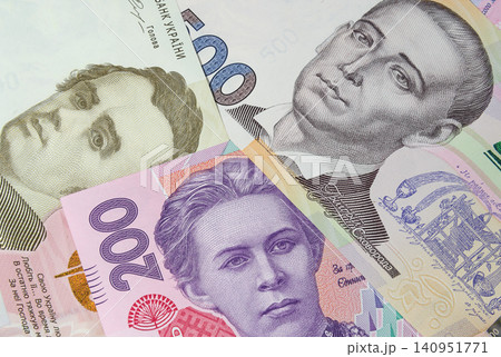Multicolored Ukrainian banknotes close up Multicolored Ukrainian banknotes close up 140951771