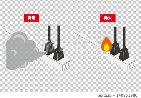 A set of isometric illustrations (without outlines) showing variations of fire and smoke emanating from a power plug. A set of isometric illustrations (without outlines) showing variations of fire and smoke emanating from a power plug. 140951980