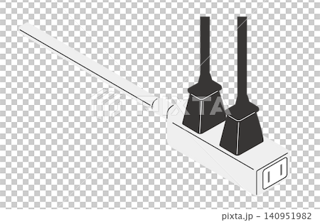一個插入了兩個電源插頭的延長線電源條的等距圖(無輪廓線)。 一個插入了兩個電源插頭的延長線電源條的等距圖(無輪廓線)。 140951982