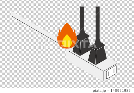 Isometric illustration (without outlines) showing a fire erupting from a power plug inserted into an extension cord. Isometric illustration (without outlines) showing a fire erupting from a power plug inserted into an extension cord. 140951985