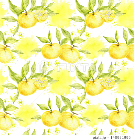 Yellow yuzu fruits, citrus slices and green leaves watercolor seamless pattern illustration for wallpaper, stationery, gift wrap, textiles, branding, packaging, scrapbook paper and home decor. 140951996