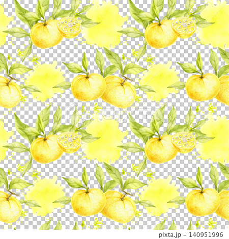 Yellow yuzu fruits, citrus slices and green leaves watercolor seamless pattern illustration for wallpaper, stationery, gift wrap, textiles, branding, packaging, scrapbook paper and home decor. 140951996