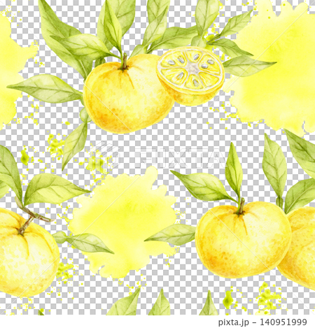 Yellow yuzu fruits, green leaves and watercolor splashes seamless pattern illustration for cosmetic packaging, stationery, recipe books, gift wrap, fabrics, wallpapers and printable merchandise. Yellow yuzu fruits, green leaves and watercolor splashes seamless pattern illustration for cosmetic packaging, stationery, recipe books, gift wrap, fabrics, wallpapers and printable merchandise. 140951999