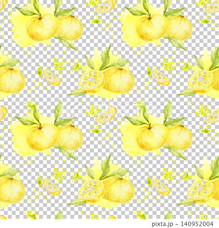 Yellow yuzu fruits, citrus slices and green leaves watercolor seamless pattern clipart for stationery, wrapping paper, textile printing, food packaging, notebooks, labels and surface design. 140952004