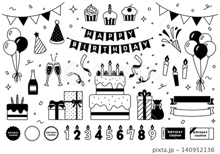 誕生日パーティーのイラストセット ケーキ プレゼント 飾り リボン 風船 キャンドル ガーランド 誕生日パーティーのイラストセット ケーキ プレゼント 飾り リボン 風船 キャンドル ガーランド 140952136