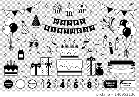 生日派對插畫套組:蛋糕、禮物、裝飾、緞帶、氣球、蠟燭、花環 生日派對插畫套組:蛋糕、禮物、裝飾、緞帶、氣球、蠟燭、花環 140952136