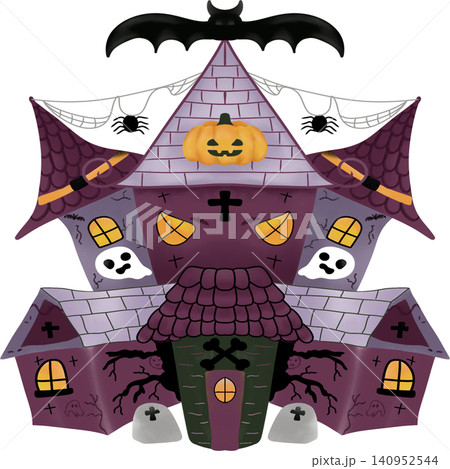 Cute Halloween Haunted House Clipart Spooky Cartoon Illustration with Pumpkin Bats and Ghosts 140952544