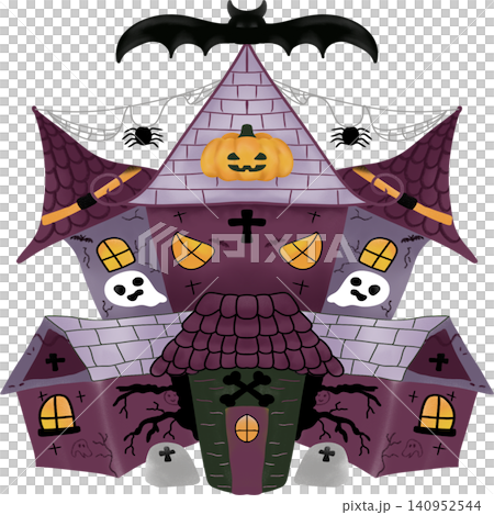 Cute Halloween Haunted House Clipart Spooky Cartoon Illustration with Pumpkin Bats and Ghosts 140952544