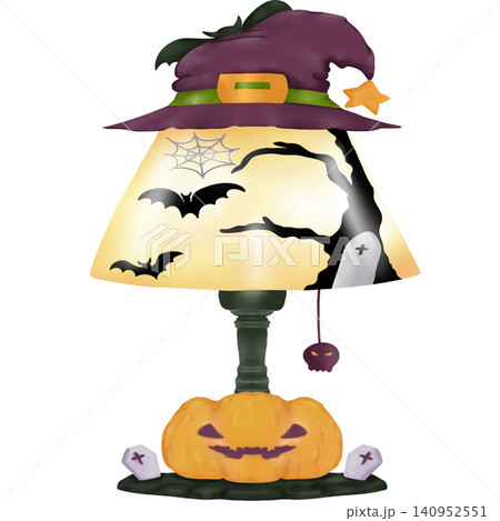 Cute Halloween Witch Lamp Watercolor Clipart Hand Painted Illustration with Pumpkin Base, Bats and Ghost Cute Halloween Witch Lamp Watercolor Clipart Hand Painted Illustration with Pumpkin Base, Bats and Ghost 140952551