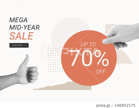 Trendy Halftone Collage sale banner featuring thumbs up and pointing hands with bold 70% off discount text, representing mega mid-year sale promotion. Trendy Halftone Collage sale banner featuring thumbs up and pointing hands with bold 70% off discount text, representing mega mid-year sale promotion. 140952575