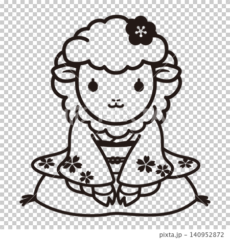 一幅可愛的綿羊女孩穿著和服的插圖,非常適合作為羊年的新年賀卡(單色線條畫)。 一幅可愛的綿羊女孩穿著和服的插圖,非常適合作為羊年的新年賀卡(單色線條畫)。 140952872