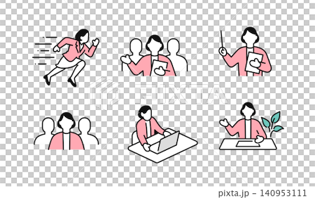 Simple businesswoman guiding/consulting poses vector icon set Simple businesswoman guiding/consulting poses vector icon set 140953111