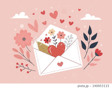 Romantic illustration of a floral envelope with hearts and flowers on a soft pink background 140953115