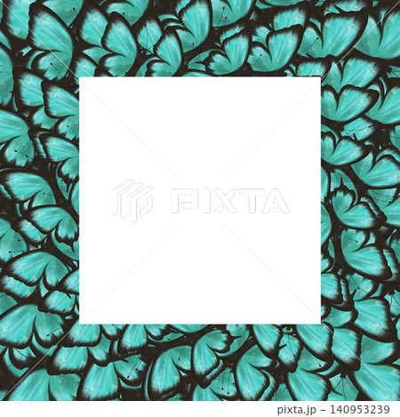 Elegant turquoise butterfly frame with centered square copy space surrounded by vibrant wings. Decorative nature background for greeting cards, invitations, social media, posters and branding 140953239