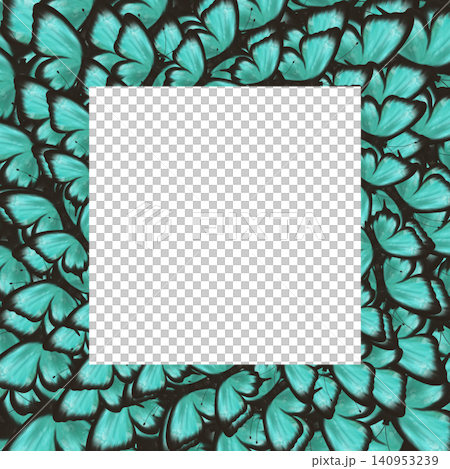 Elegant turquoise butterfly frame with centered square copy space surrounded by vibrant wings. Decorative nature background for greeting cards, invitations, social media, posters and branding 140953239