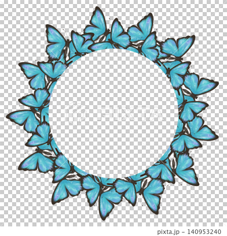 Elegant blue butterfly wreath with circular copy space on a clean white background. Decorative nature frame for greeting cards, invitations, branding, posters and seasonal designs Elegant blue butterfly wreath with circular copy space on a clean white background. Decorative nature frame for greeting cards, invitations, branding, posters and seasonal designs 140953240