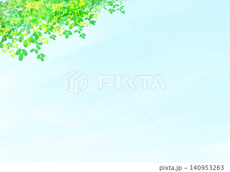 緑の葉と空のイラスト背景素材、水彩タッチ 緑の葉と空のイラスト背景素材、水彩タッチ 140953263