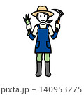 イラスト素材: 麦わら帽子を被って鎌と草を持ち草刈りや農業をする笑顔の女性の全身イラスト 140953275