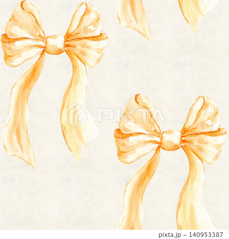 Watercolor seamless bow pattern with elegant ribbon bows on cream textured background. Hand painted repeat design for fabric, wallpaper, gift wrap, stationery, textile printing and feminine decor Watercolor seamless bow pattern with elegant ribbon bows on cream textured background. Hand painted repeat design for fabric, wallpaper, gift wrap, stationery, textile printing and feminine decor 140953387