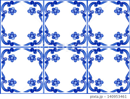 Whimsical ornament. Seamless watercolor pattern with blue vintage tiles. Whimsical ornament. Seamless watercolor pattern with blue vintage tiles. 140953461