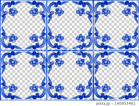Whimsical ornament. Seamless watercolor pattern with blue vintage tiles. Whimsical ornament. Seamless watercolor pattern with blue vintage tiles. 140953461