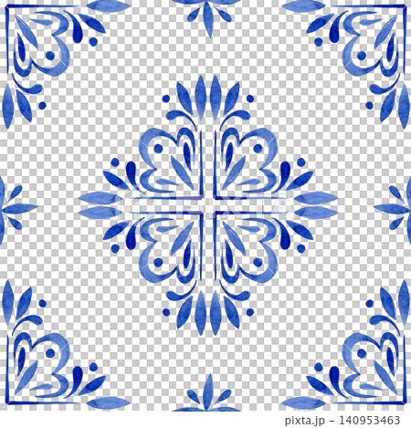 Whimsical ornament. Seamless watercolor pattern with blue vintage tiles. Whimsical ornament. Seamless watercolor pattern with blue vintage tiles. 140953463