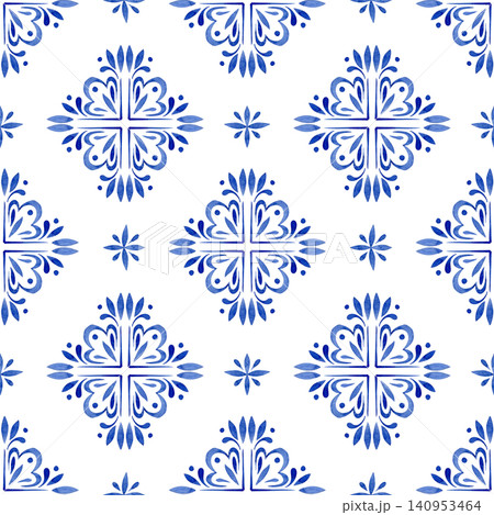 Whimsical ornament. Seamless watercolor pattern with blue vintage tiles. Whimsical ornament. Seamless watercolor pattern with blue vintage tiles. 140953464