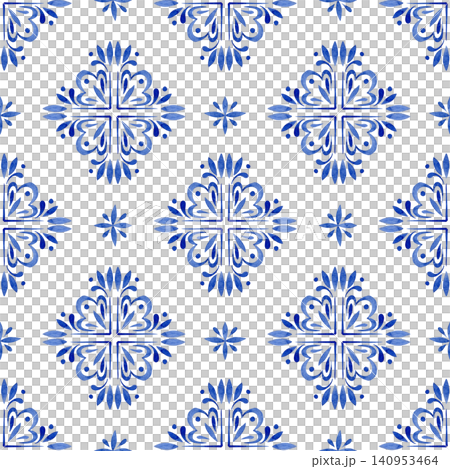 Whimsical ornament. Seamless watercolor pattern with blue vintage tiles. Whimsical ornament. Seamless watercolor pattern with blue vintage tiles. 140953464