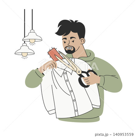 Autistic Latino Man Cutting Off Itchy Clothing shirt Label with Scissors. Angry Character Experiencing Sensory Overload. Neurodiversity and Tactile Sensitivity Concept. Minimalist Vector Illustration. Autistic Latino Man Cutting Off Itchy Clothing shirt Label with Scissors. Angry Character Experiencing Sensory Overload. Neurodiversity and Tactile Sensitivity Concept. Minimalist Vector Illustration. 140953559