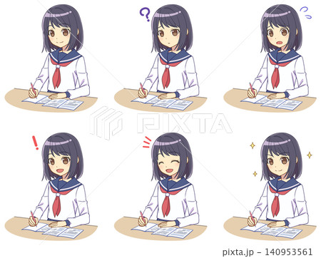 勉強をするセーラー服の女の子セット 140953561