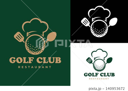 Golf Ball with Chef Hat and Cooking Utensils Minimalist Logo for Golf Club Restaurant and Catering Business Golf Ball with Chef Hat and Cooking Utensils Minimalist Logo for Golf Club Restaurant and Catering Business 140953672