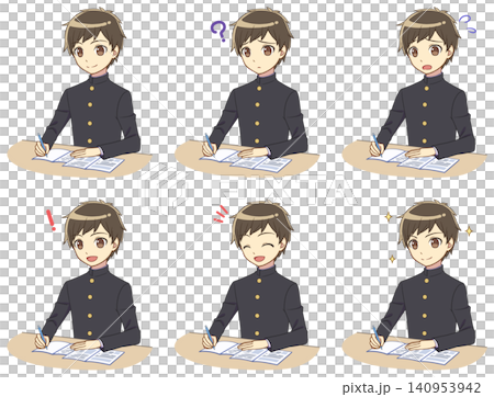 一組照片，照片中一個男孩穿著校服在學習。 140953942