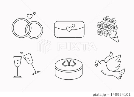 Wedding line icon set, outline vector illustration of rings, envelope, bouquet, glasses, cake and dove bird 140954101