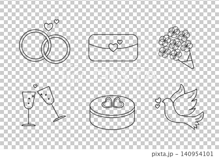 Wedding line icon set, outline vector illustration of rings, envelope, bouquet, glasses, cake and dove bird 140954101