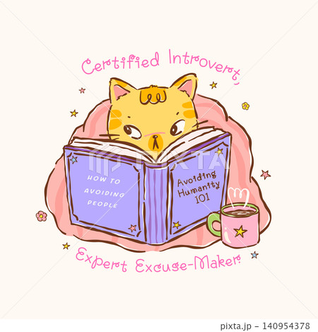 Cozy Cat Reading Book, Introvert Bookish Quote Certified Introvert Sticker Printable Cartoon Hand drawn stylised character in girly retro kawaii Cozy Cat Reading Book, Introvert Bookish Quote Certified Introvert Sticker Printable Cartoon Hand drawn stylised character in girly retro kawaii 140954378
