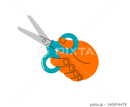 Whimsical drawing of hand holding scissors. Doodle icon for arts and crafts, office supplies, school Whimsical drawing of hand holding scissors. Doodle icon for arts and crafts, office supplies, school 140954478