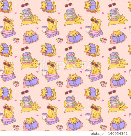 Cute Cat Bookish Seamless Pattern with Books Printable Cartoon Hand drawn stylised character Repeat Background Cute Cat Bookish Seamless Pattern with Books Printable Cartoon Hand drawn stylised character Repeat Background 140954541
