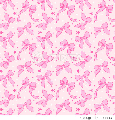 Cute Pink Ribbon Bow Seamless Pattern Girly Coquette Preppy Festive Hand drawn stylised Repeat Background 140954543
