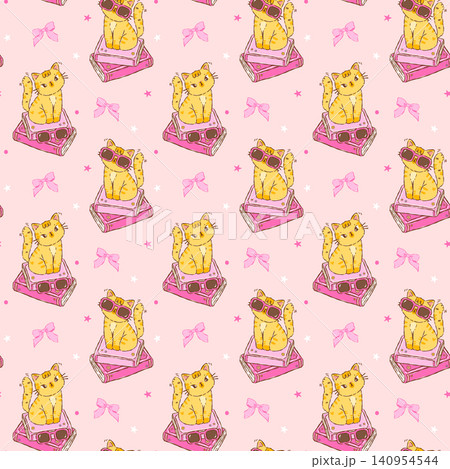 Girly Cat Bookish Seamless Pattern with Pink Book and Bow Stylised Cartoon Hand drawn Animal Reading Book Repeat Background Girly Cat Bookish Seamless Pattern with Pink Book and Bow Stylised Cartoon Hand drawn Animal Reading Book Repeat Background 140954544