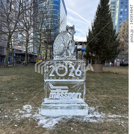Ice Sculpture of a Cat With Number 2026 in a City Park Setting in Boston Ice Sculpture of a Cat With Number 2026 in a City Park Setting in Boston 140954647