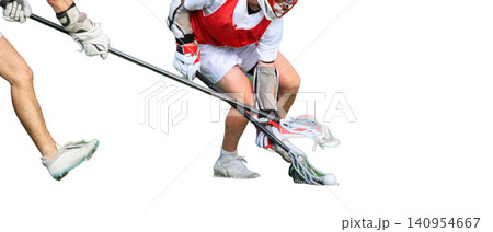 Lacrosse Players Compete for Possession on a Match Lacrosse Players Compete for Possession on a Match 140954667