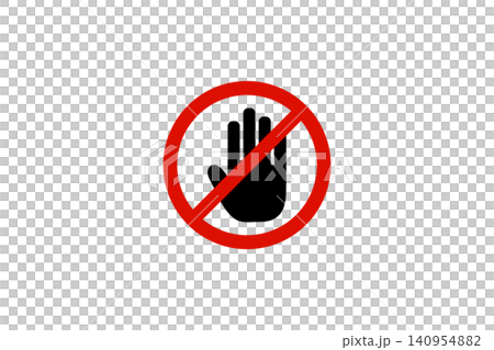 Bold red prohibition circle with a black hand silhouette and diagonal slash conveying stop, no entry, and restricted access for safety, warning, security and compliance messages Bold red prohibition circle with a black hand silhouette and diagonal slash conveying stop, no entry, and restricted access for safety, warning, security and compliance messages 140954882